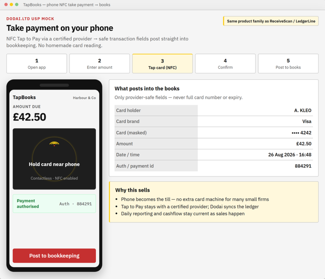 TapBooks phone NFC take payment posting safe fields into bookkeeping