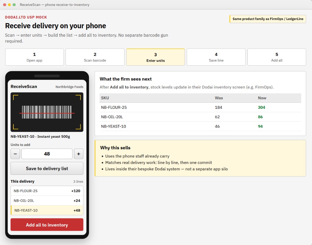 ReceiveScan phone receive-to-inventory flow: scan barcode, enter units, add all to inventory